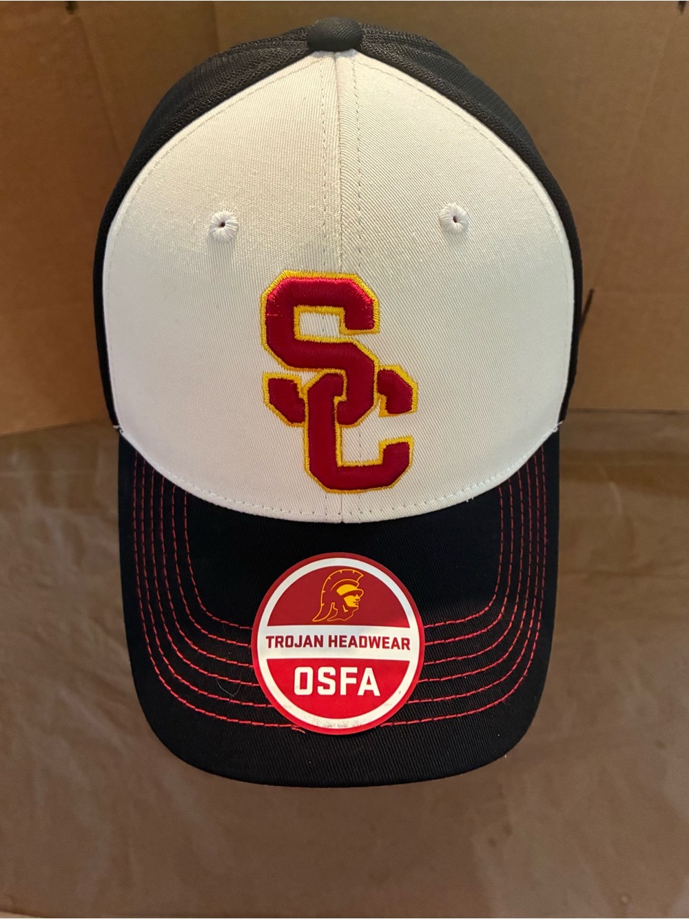 USC Trojans Two-Tone Black and White Trucker Hat-Stretch Fit-Embroidered